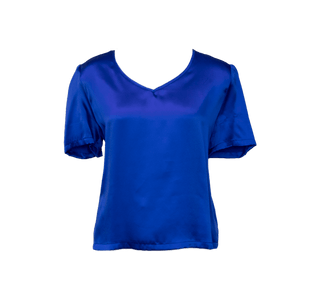 Blusa brilhante com decote em V em azul – Blusa elegante com decote em V feminina