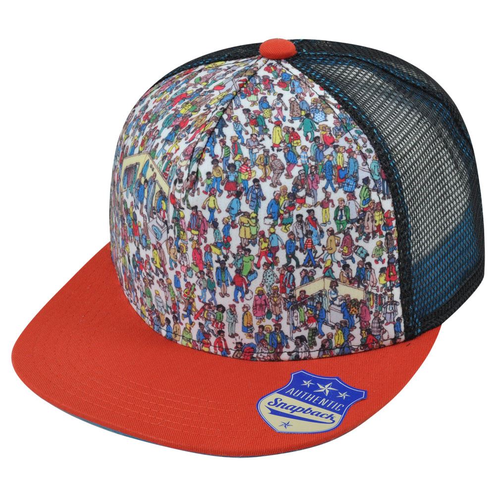 Wheres Waldo Screen Print Trucker Mesh Flat Bill Two Tone Snapback Hat Cap