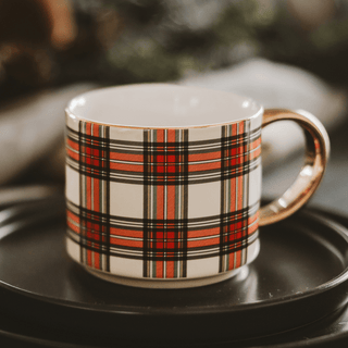 White Plaid 14oz. Gold Handle Coffee Mug