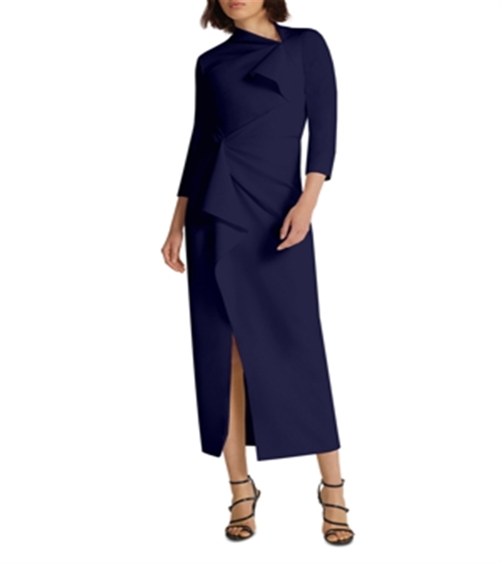 Safiyaa Avery Vestido midi drapeado em crepe azul marinho tamanho 4