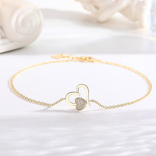 14k Rose Gold and Sterling Silver Heart Anklet with Crystals
