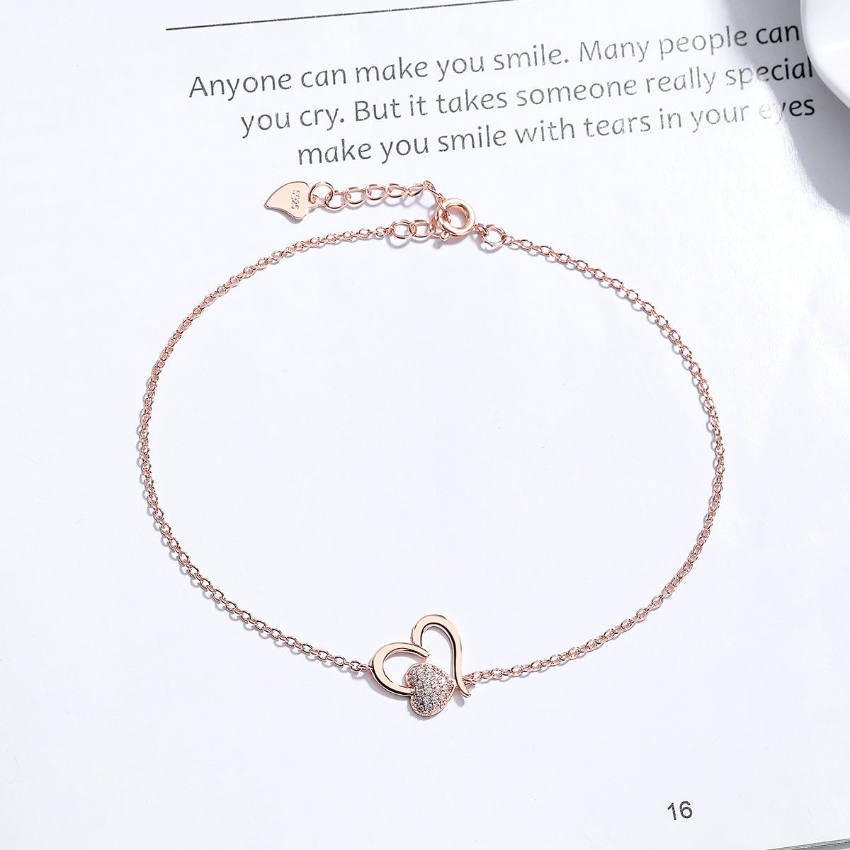 Tornozeleira em formato de coração em ouro rosa 14k e prata esterlina com cristais