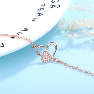 14k Rose Gold and Sterling Silver Heart Anklet with Crystals