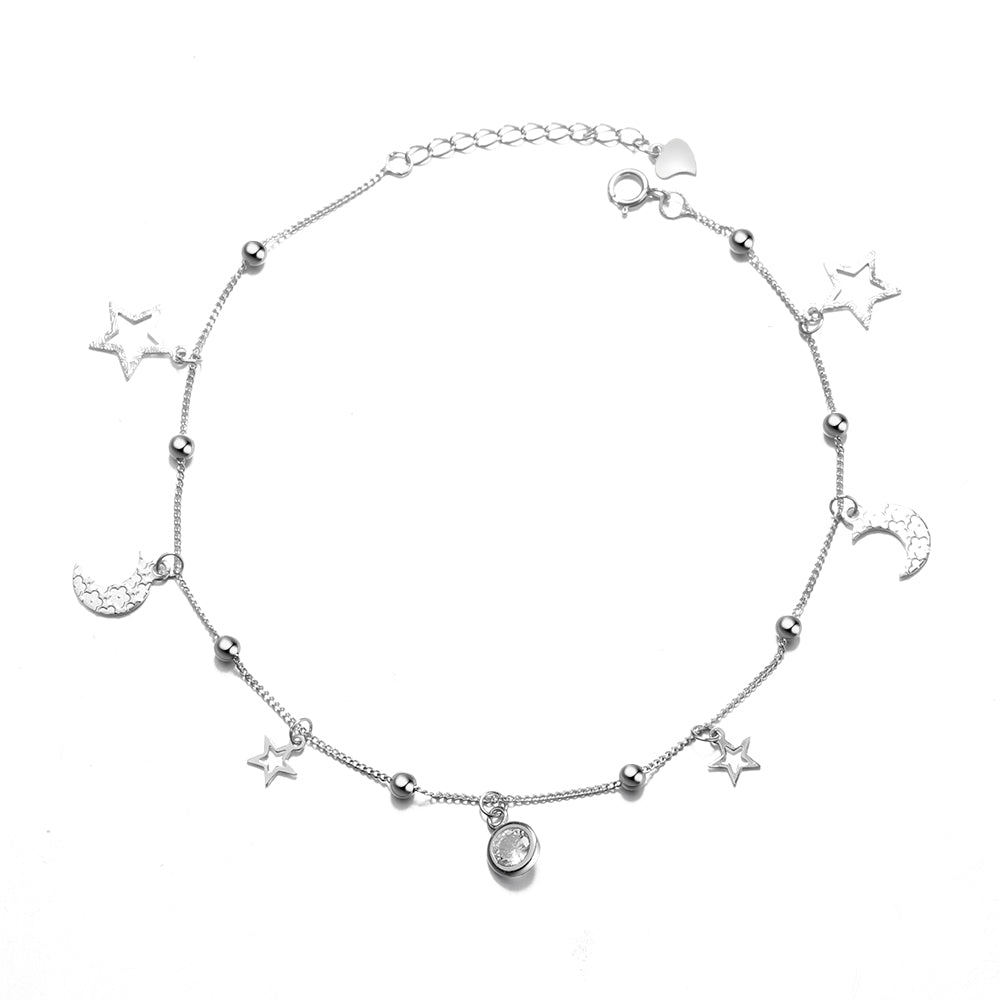 Tornozeleira de prata esterlina com estrelas e luas e cristal Swarovski