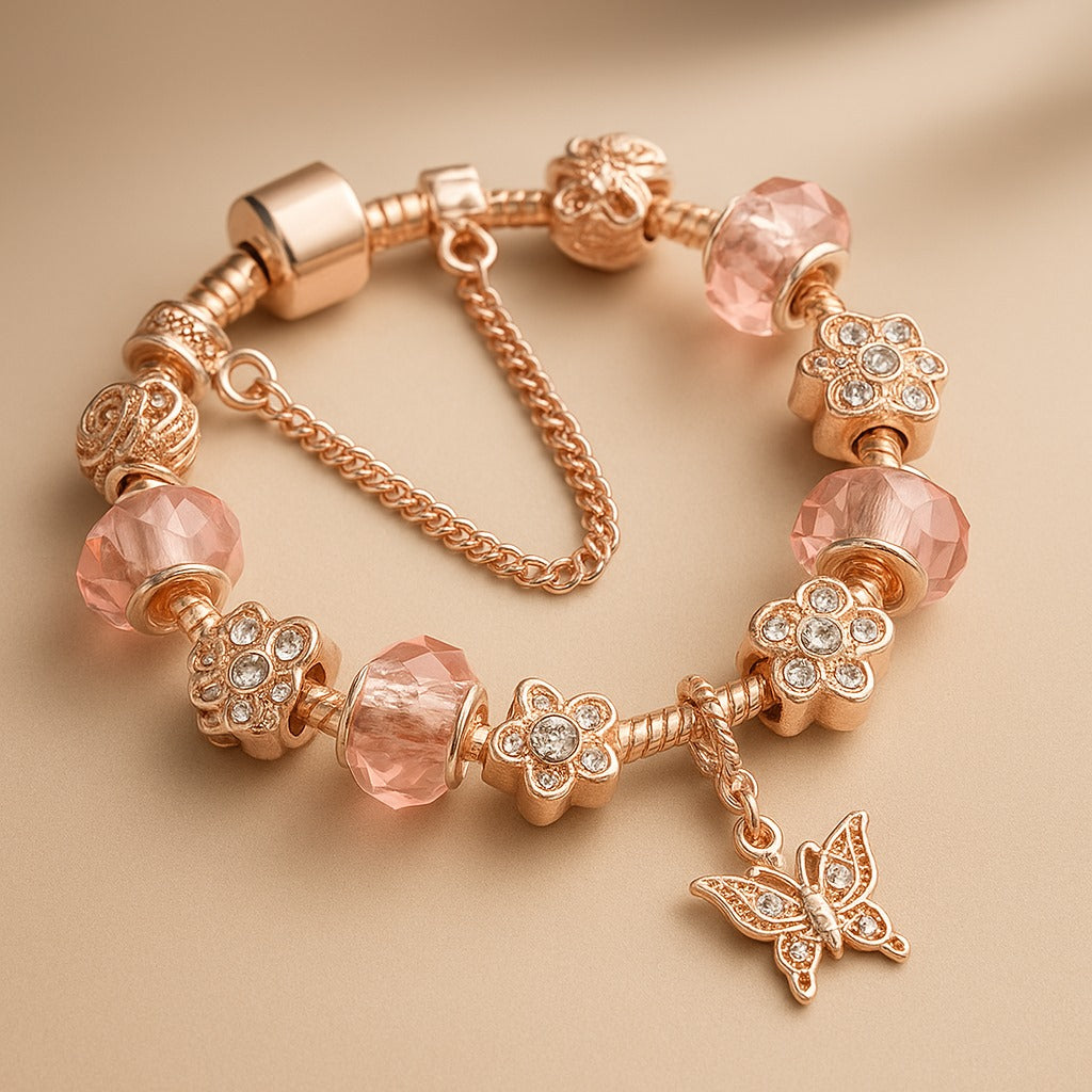 Pulseira Borboleta Murano com Cristal Swarovski em Ouro Rosa 14K