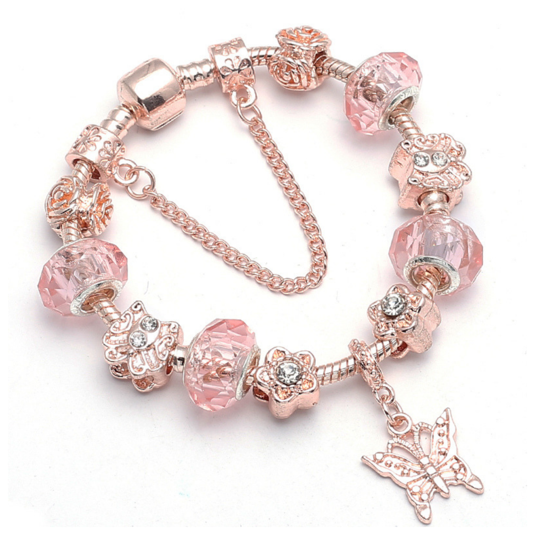 Pulseira Borboleta Murano com Cristal Swarovski em Ouro Rosa 14K