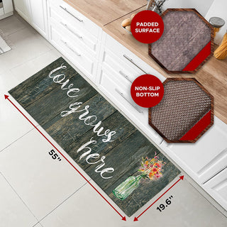 Tapete de cozinha acolchoado antifadiga grande de 20" x 55" (Love Grows Here) 