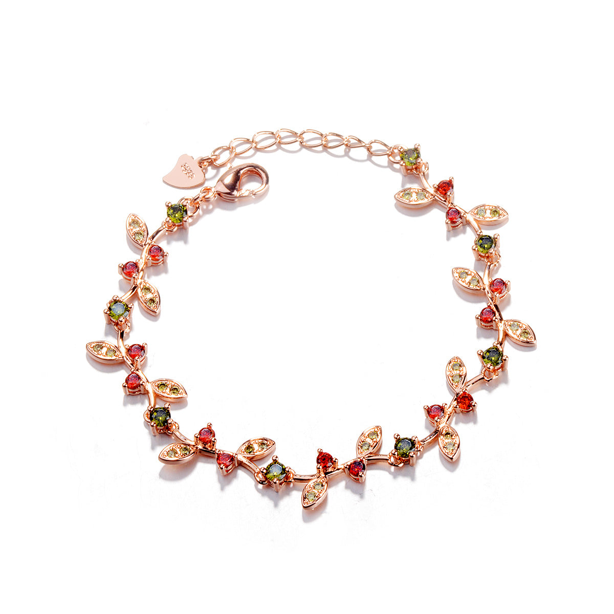 Pulseira de prata esterlina com granada e flor de rosa peridoto