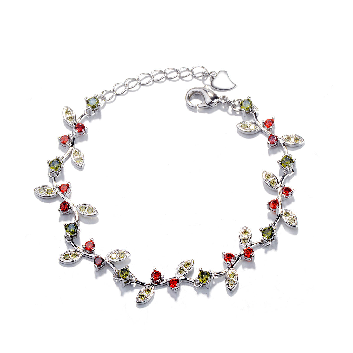 Pulseira de prata esterlina com granada e flor de rosa peridoto