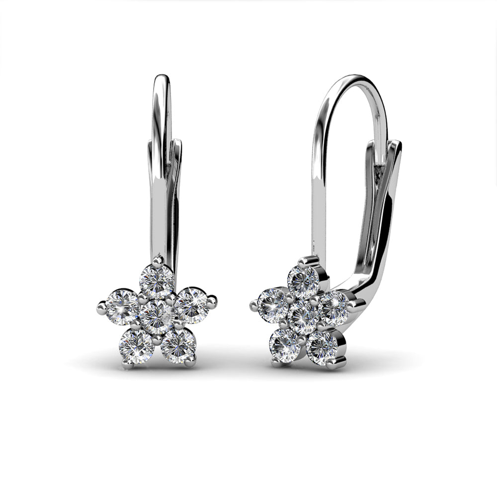 Brinco de alavanca com motivo de flor de cristal Swarovski em ouro branco 18k