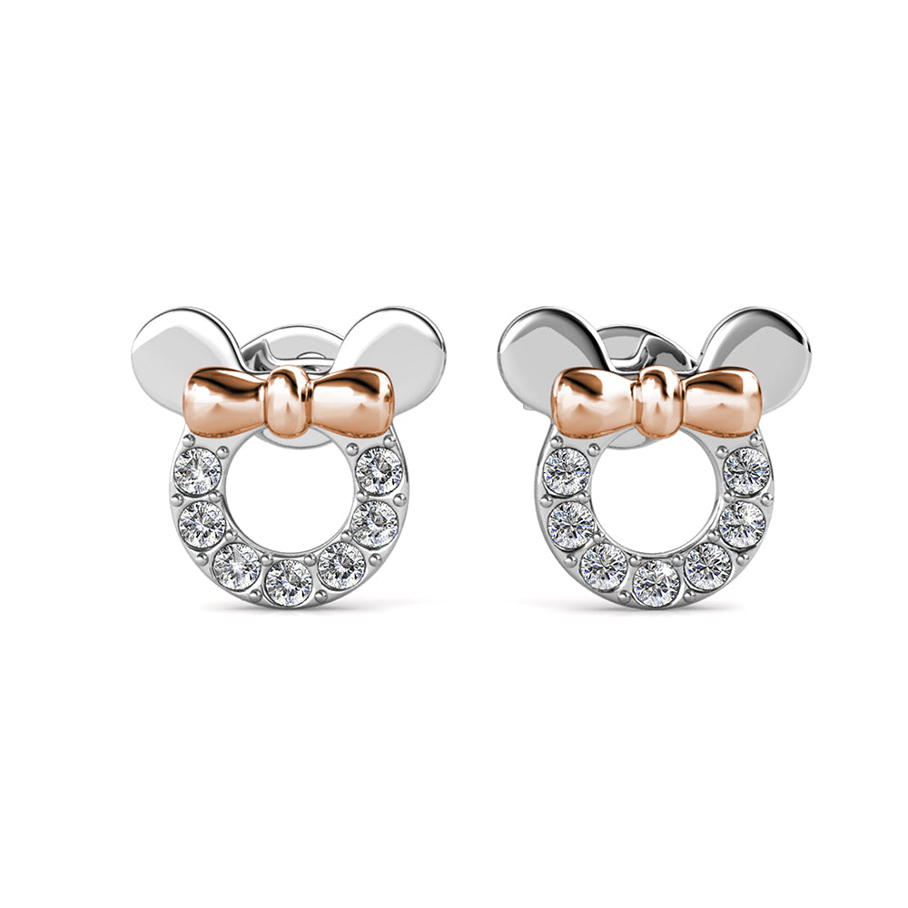Brincos de orelha de rato com cristais Swarovski e laço em ouro rosa