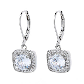 18K Gold Square Halo Leaver-back Drop Earrings
