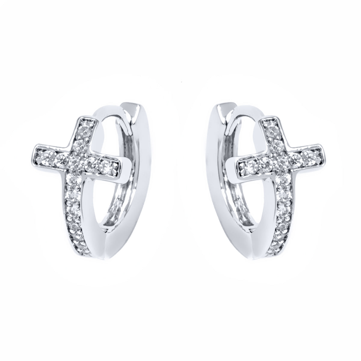 Brinco Huggie em forma de cruz de prata esterlina com cristais genuínos