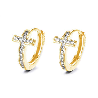 Brinco Huggie em forma de cruz de prata esterlina com cristais genuínos