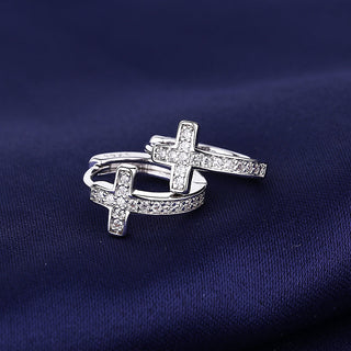 18K Gold Cross Huggie Earring with Genuine Crystals