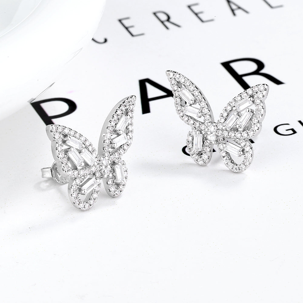 Brincos de borboleta redondos e baguete em ouro 14k e prata esterlina com cristais