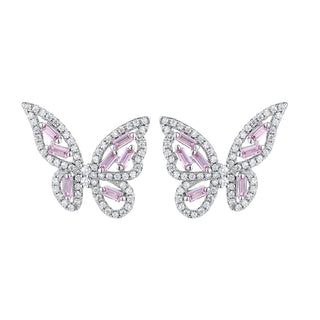 14k Gold and Sterling Silver Round and Baguette Butterfly Earrings with Crystals