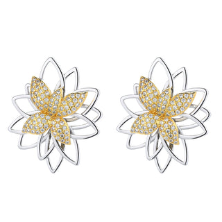 Lotus Flower Two Tone Earring Studs with Swarovski Crystals