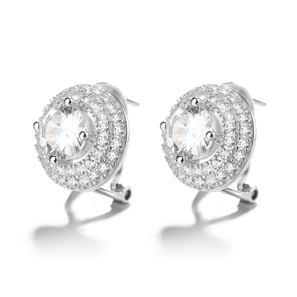 Brincos de pino Omega com halo duplo de prata esterlina e Swarovski