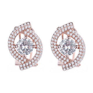 14k Rose Gold and Sterling Silver Two Row Halo Omega Backing Earrings
