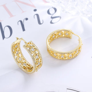 14K Gold Filigree Flower Hoop Earring with crystals from Swarovski