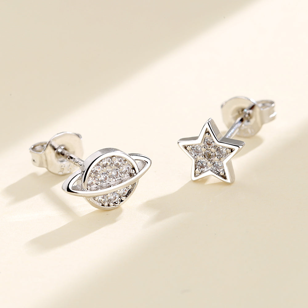Brincos de estrela e planeta em prata esterlina com cristais Swarovski