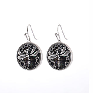 Abalone Pearl Dragonfly Round Hook Drop Earrings