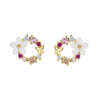 Brinco de flor aberta em ouro 14K e prata esterlina com opala e resina e Swarovski