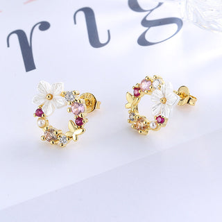 Brinco de flor aberta em ouro 14K e prata esterlina com opala e resina e Swarovski