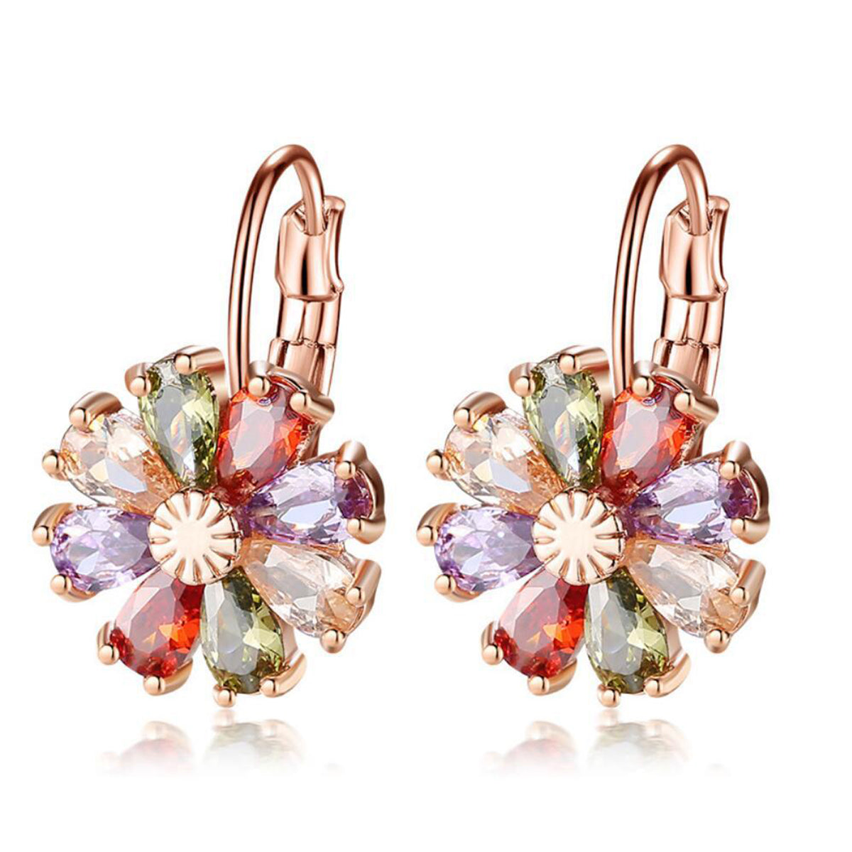 Brincos de safira e flor multicolorida com alavanca e cristais