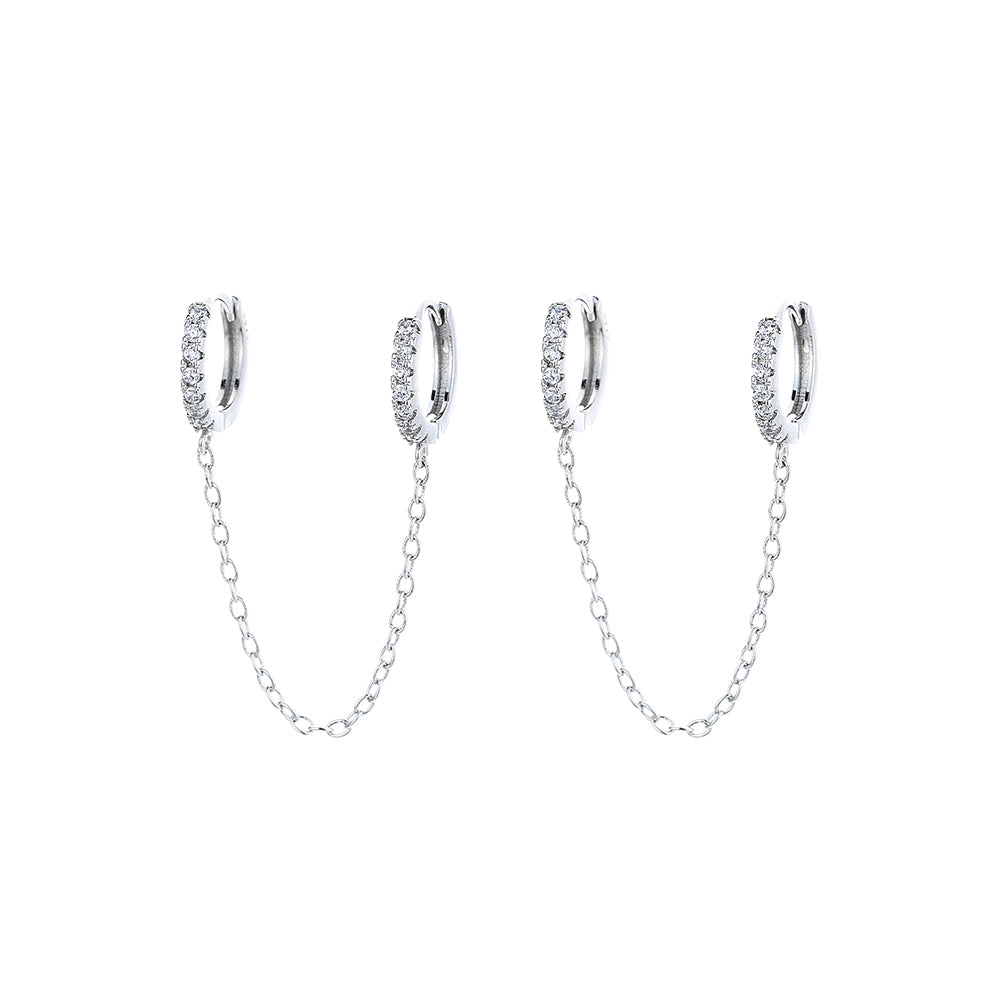 Brincos de corrente dupla Huggie em ouro 14k e prata esterlina com cristais