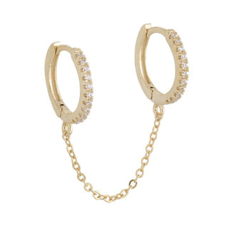 14k Gold and Sterling Silver Double Huggie Chain Earrings with Crystals