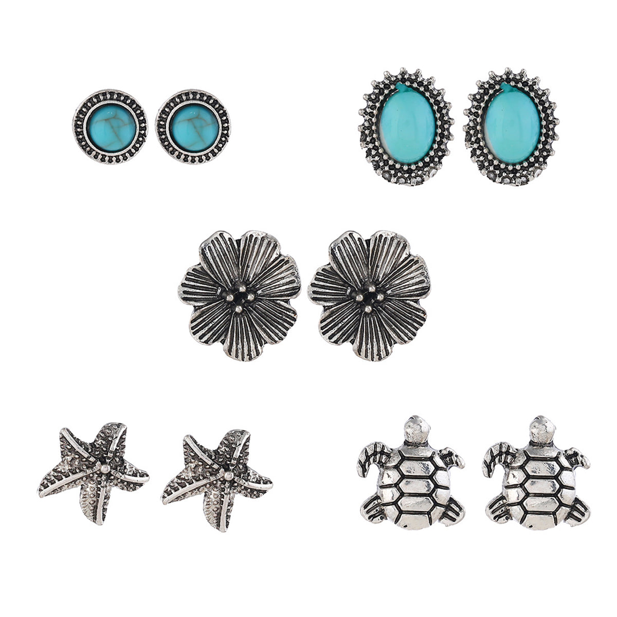 Brinco de praia em prata oxidada e turquesa (5 pares de pinos)