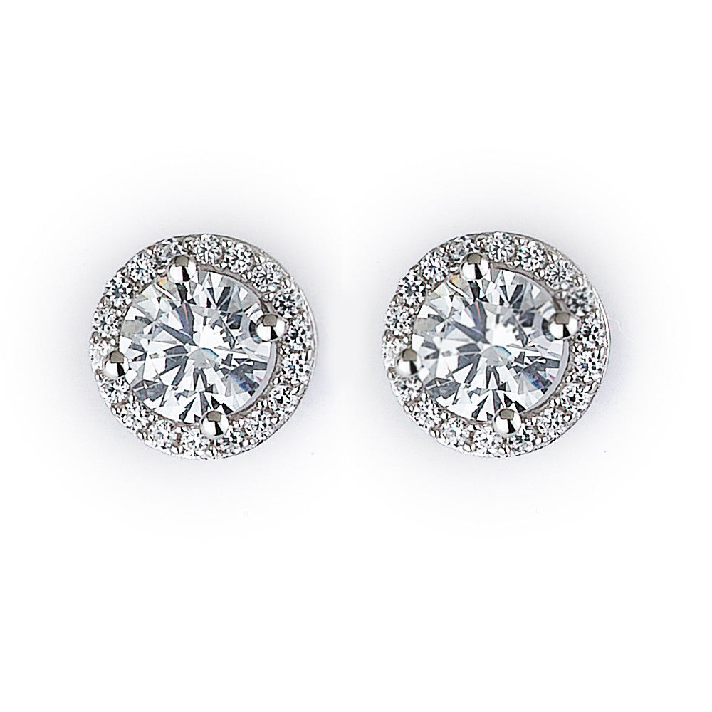 Brincos de halo redondos Amy e Annette em ouro 14K ou prata esterlina com cristais