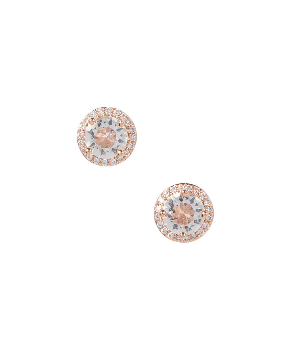 Brincos de halo redondos Amy e Annette em ouro 14K ou prata esterlina com cristais