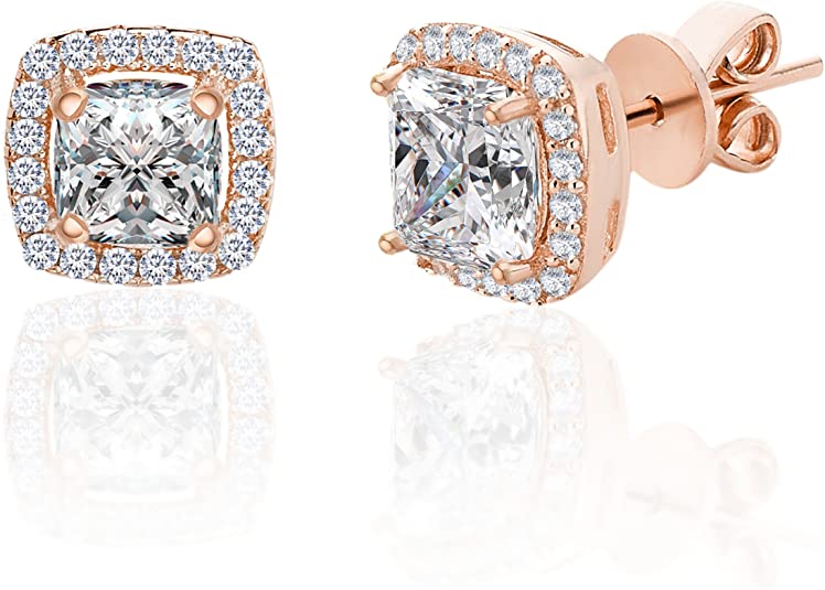 Brincos de pino com halo de diamante simulado em ouro 14K sobre prata esterlina