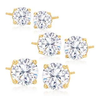 Brincos de ouro 14K sobre prata esterlina com diamantes simulados, conjunto de 3 (6 peças no total)