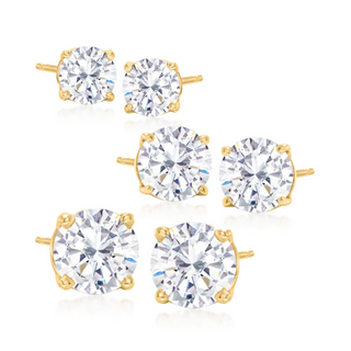 Brincos de ouro 14K sobre prata esterlina com diamantes simulados, conjunto de 3 (6 peças no total)