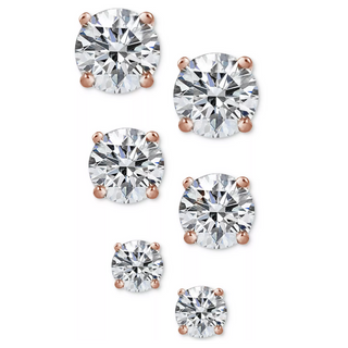 Brincos de ouro 14K sobre prata esterlina com diamantes simulados, conjunto de 3 (6 peças no total)