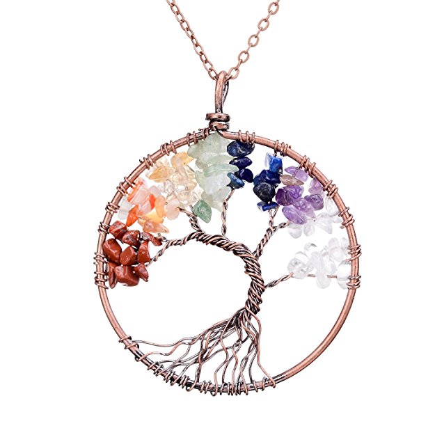 Colar com pingente de árvore da vida feito à mão com pedras preciosas genuínas e chakras