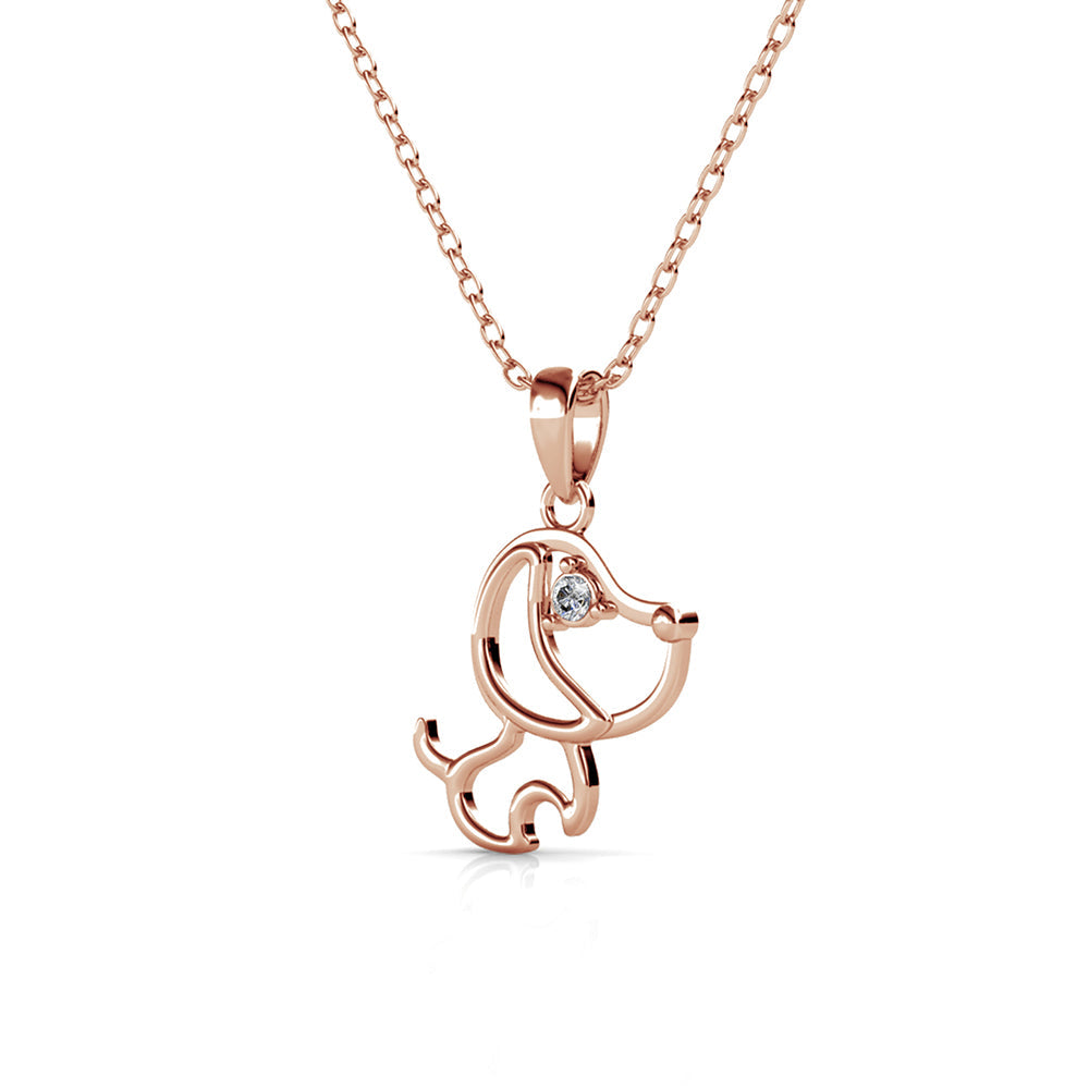 Colar com pingente de cachorro banhado a ouro branco e rosa com cristal Swarovski