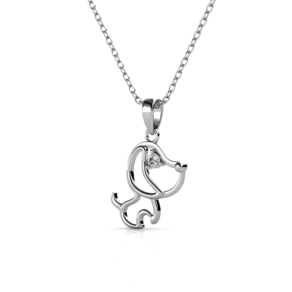 Colar com pingente de cachorro banhado a ouro branco e rosa com cristal Swarovski