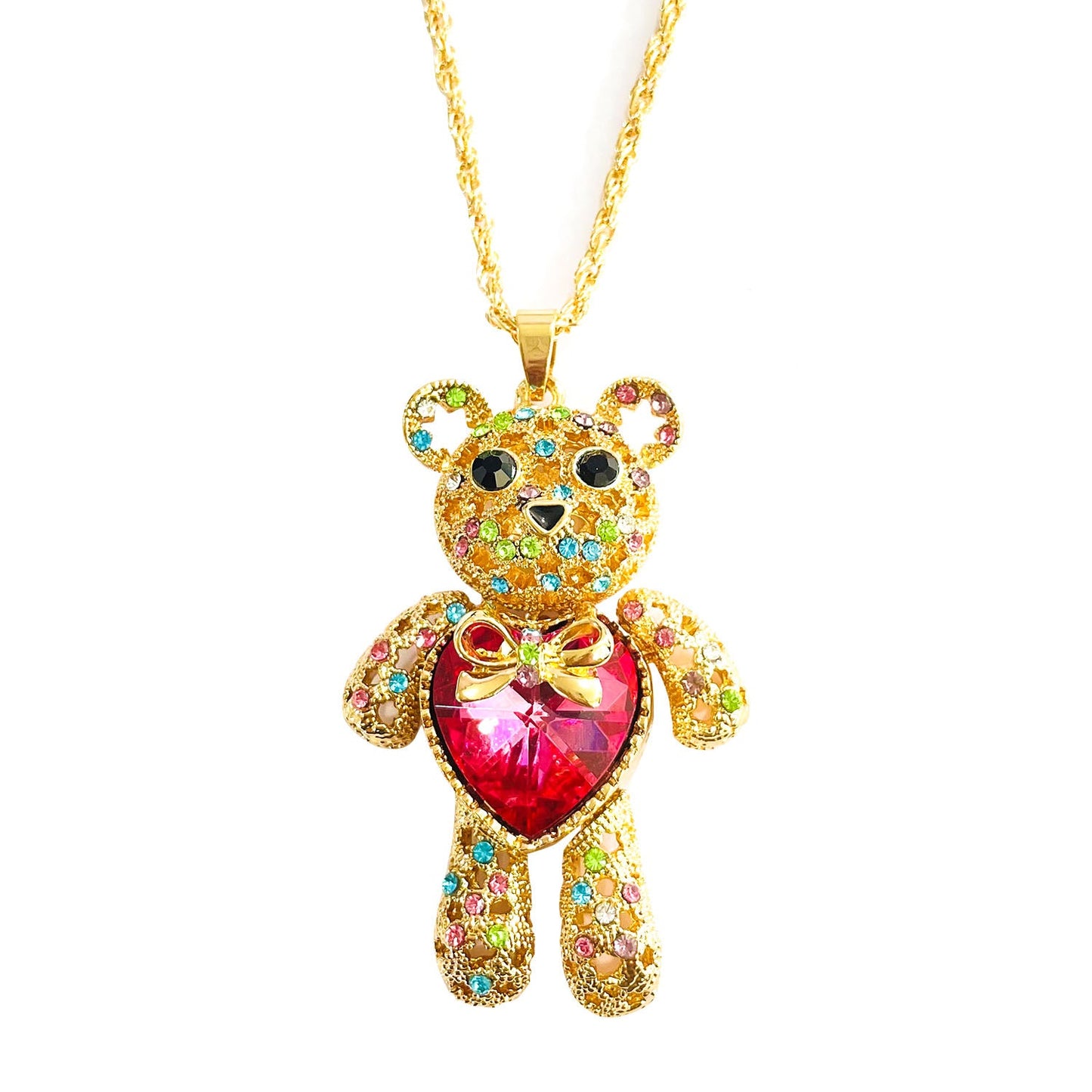 Colar com pingente de urso banhado a ouro e coração com cristais Swarovski