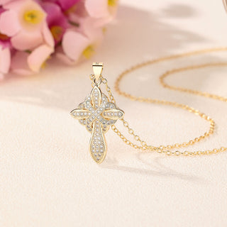 Colar com pingente de cruz cravejado em ouro 14K e prata esterlina