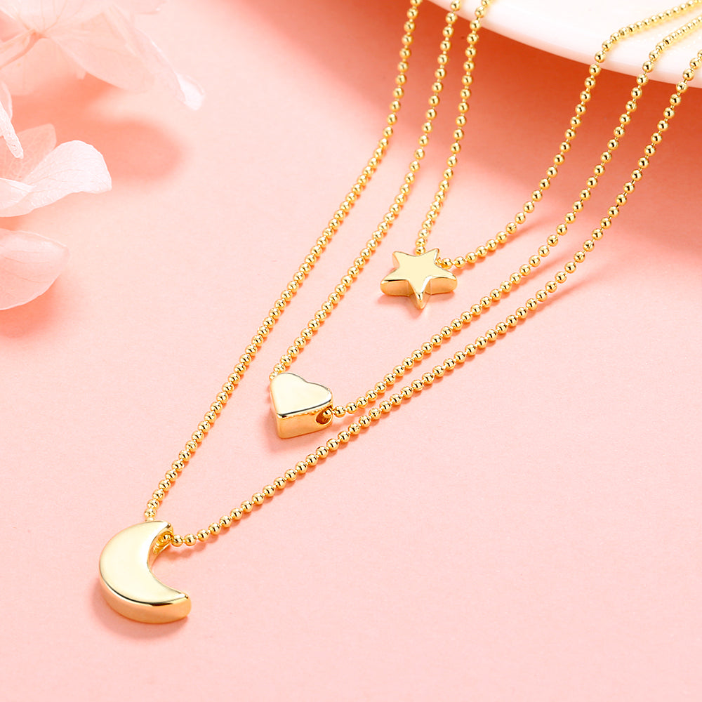 Colar de estrela, coração e lua em ouro 14K e prata esterlina