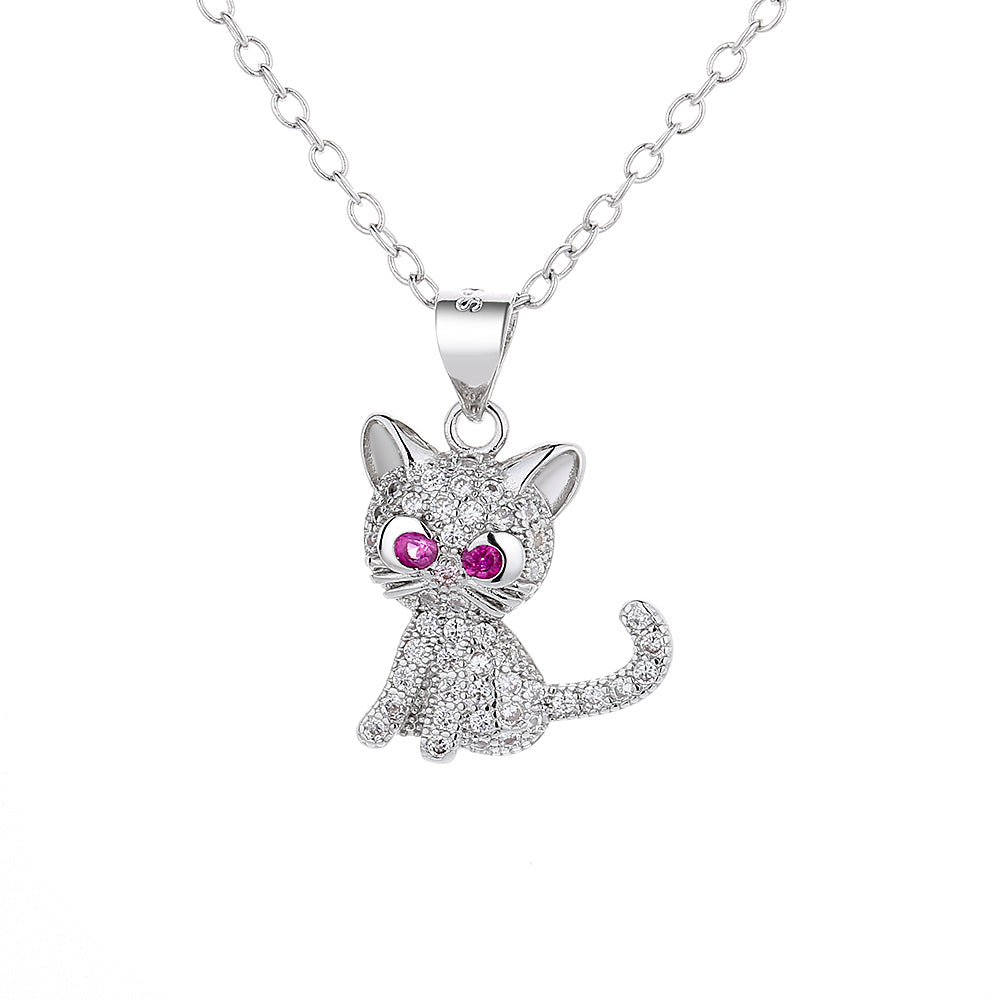 Colar com pingente de gatinho banhado a safira rosa e ouro branco 18K