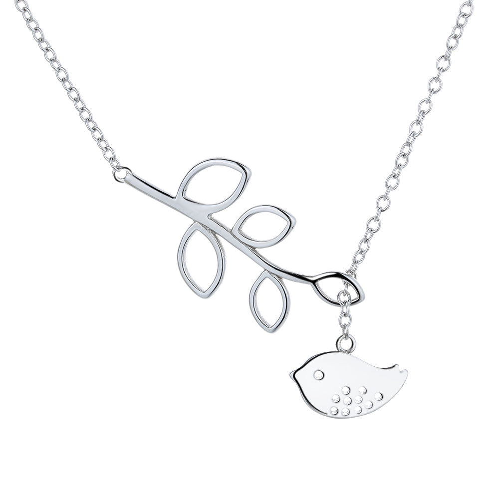 Colar com pingente de pássaro e folha em prata esterlina