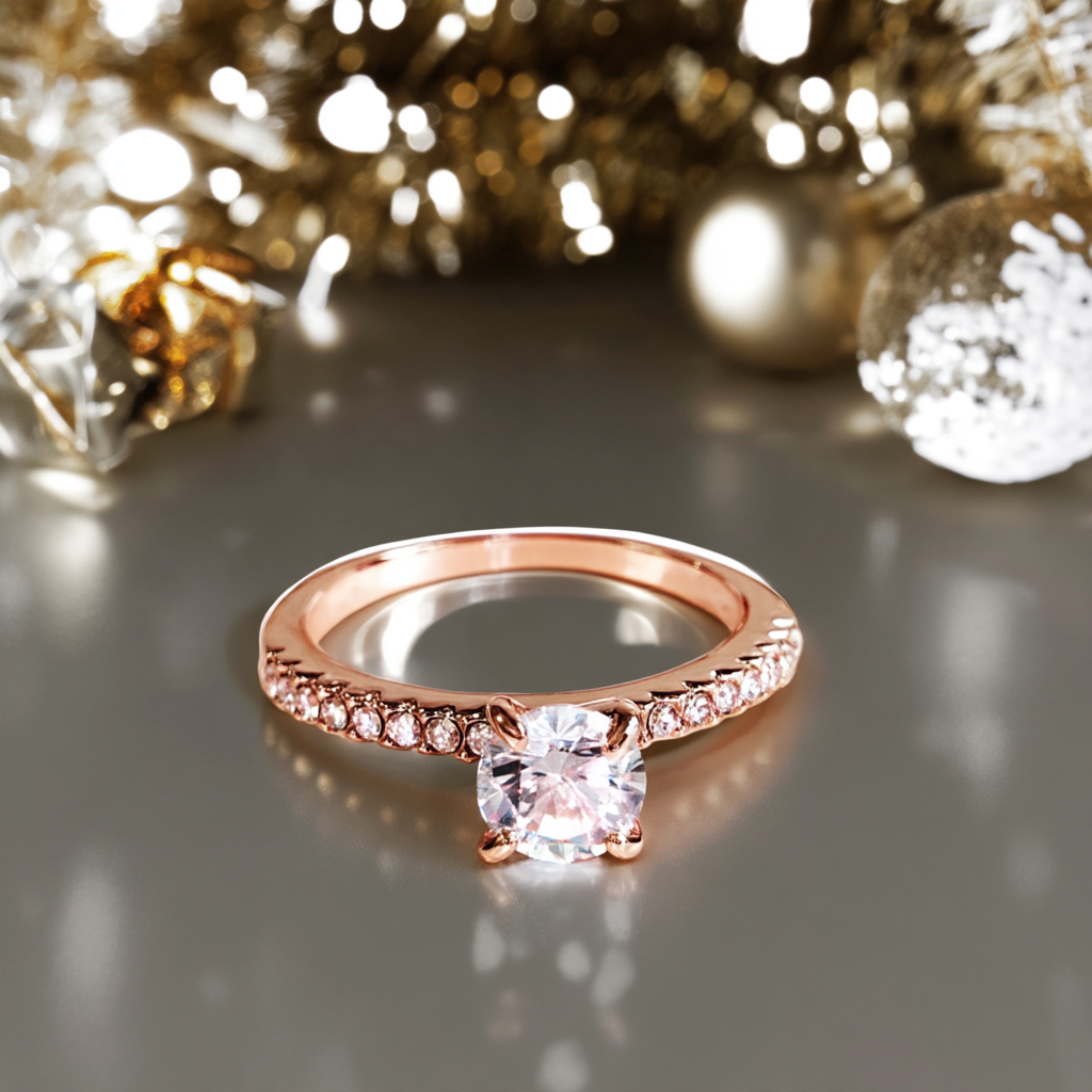 Anel de noivado em ouro rosa 14K com cristais Swarovski