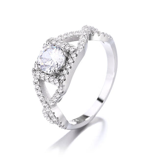 Anel de noivado em prata esterlina com haste dividida e cristal Swarovski Halo