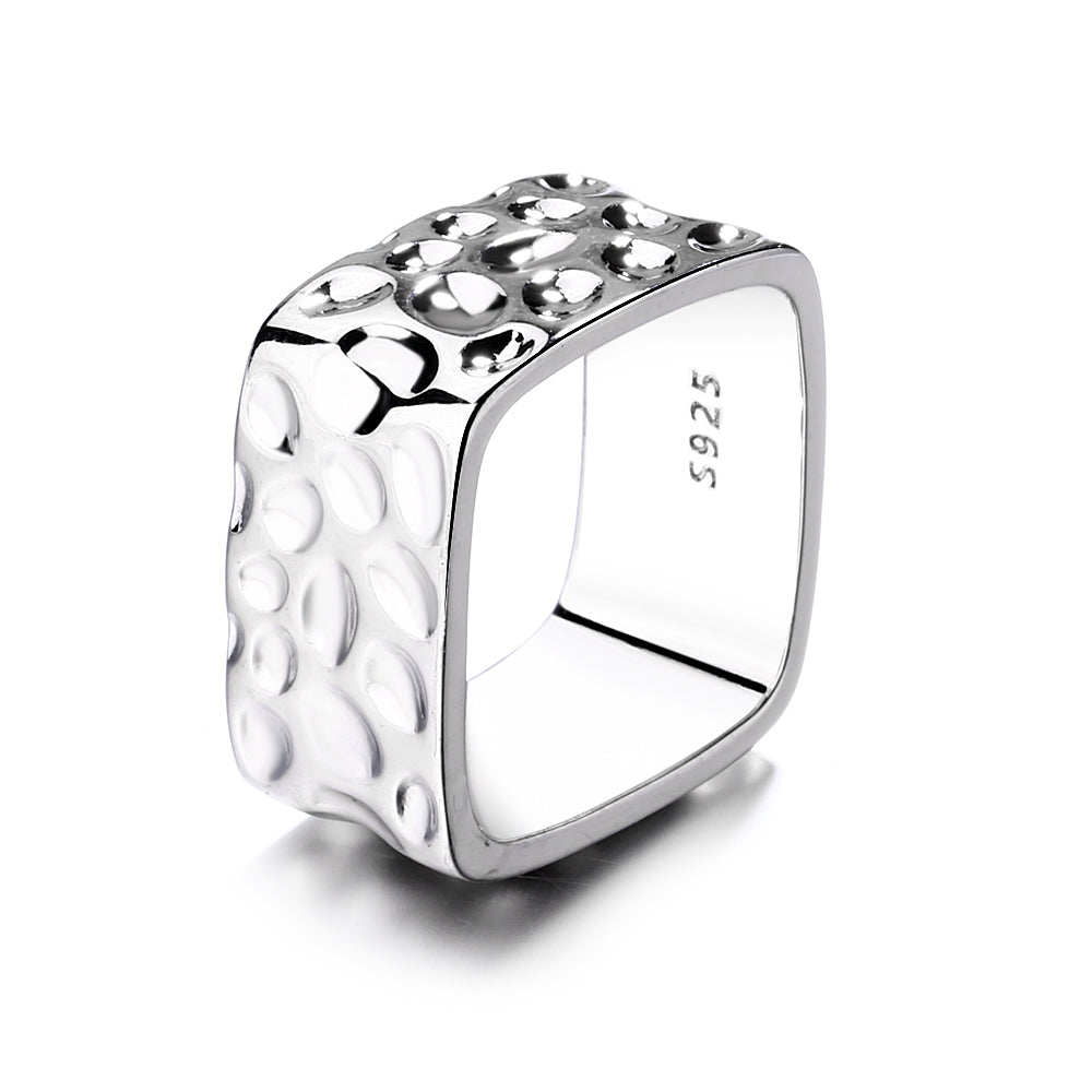 Anel quadrado de prata esterlina polido ou quadrado martelado